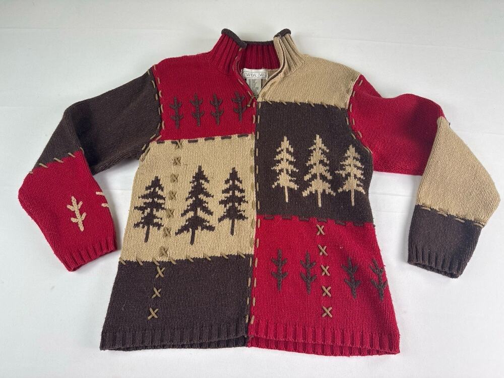 Mandal Bay Patchwork Tree Sweater Women’s Medium Red Brown